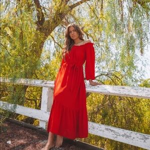 Red Avant Garde Off The Shoulder Ruffle Maxi Dress
